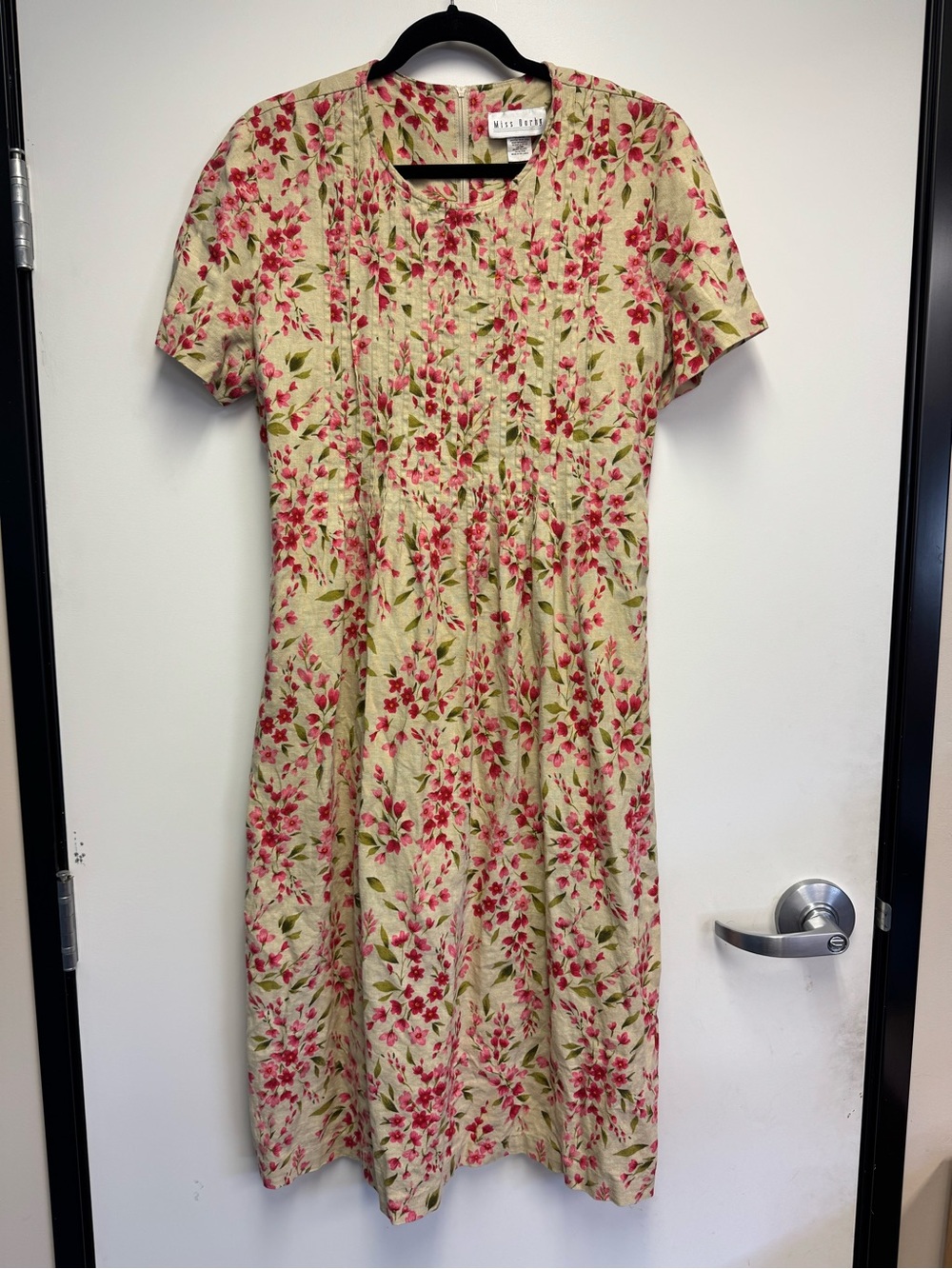 Vintage Floral Short Sleeve Linen Midi Dress Size 18